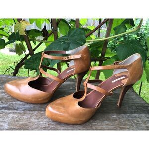 MAX STUDIO  Hidden Platform Leather Brown Mary Janes Heels Sz 9.5 M